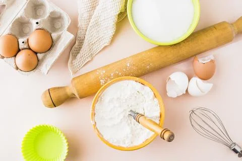 High angle view ingredients baking cake 스톡 사진