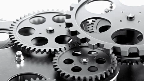High Angle View of Interlocking Dark Metal Gear Mechanism Stock Footage 340531509