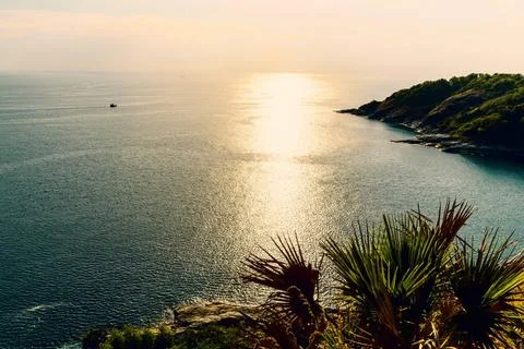 High angle view island and sea at Laem Phromthep on green teal color High ... Stock Photos