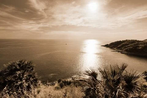 High angle view island and sea at Laem Phromthep on sepia color High angle... Stock Photos