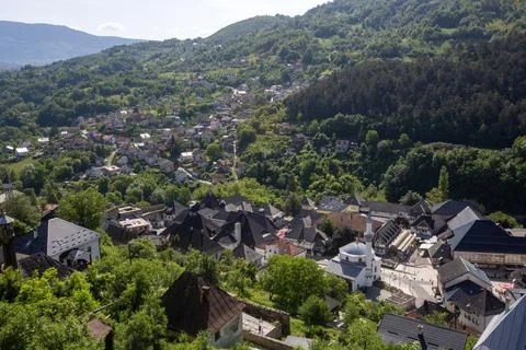 High Angle View of Jajce Old Town with Esma Sultan Mosque and Mountainous L.. Stock Photos