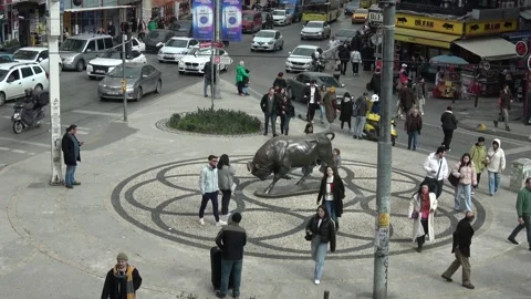 High angle view of Kadikoy Bull Statue and people around Stockbeeldmateriaal 332994039