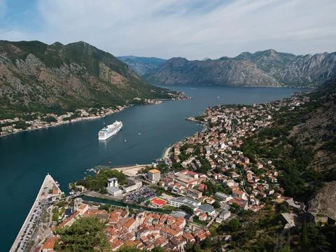 High angle view of Kotor Bay and old town with cruise ship in Montenegro Stock Photos