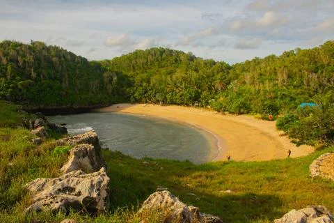 High angle view on the lagoon sand beach Kasap with green hills. High angl... Stock-Fotos