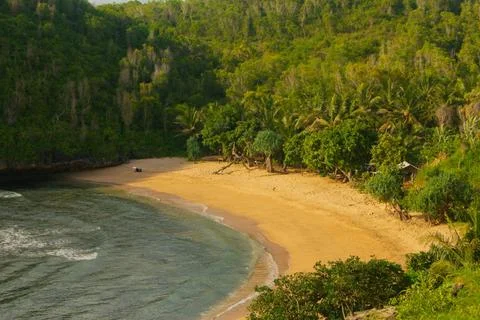 High angle view on the lagoon sand beach Kasap with green hills. High angl... Stock-Fotos