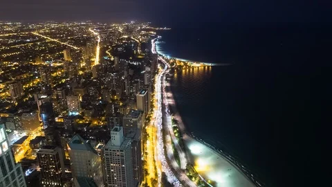 High Angle View of Lake Shore Drive and Chicago's North Side at Night Video stock 90266673