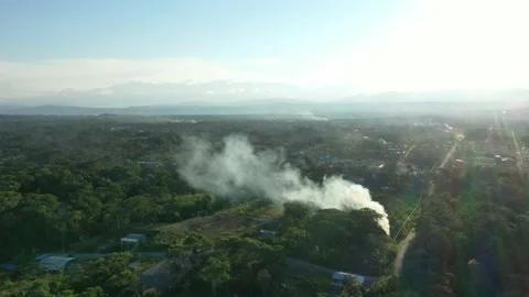 High angle view of a landscape with many fires of tree litter lit and smoke Stock Footage 142761253