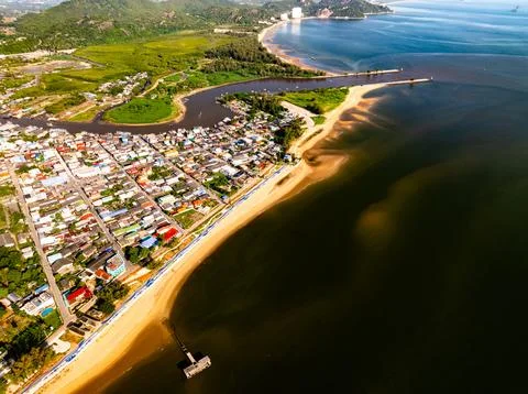 High angle view landscape nature beach near the city background Stock Photos