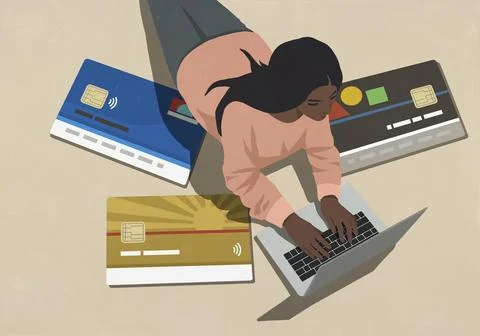 High angle view large credit cards surrounding young woman using laptop Stock Illustration