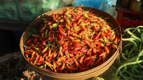 High angle view of large pile of red chilli Stock Photos