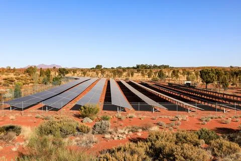 A high-angle view of a large solar farm in the Australian outback Stock Photos
