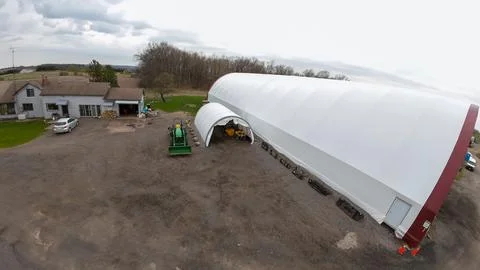 High angle view of large white fabric dome storage buildings Foto stock