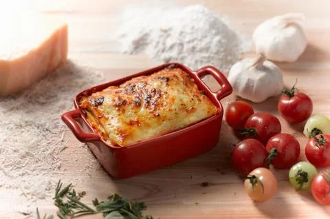 High angle view of lasagne in rectangular casserole dish Stock Photos