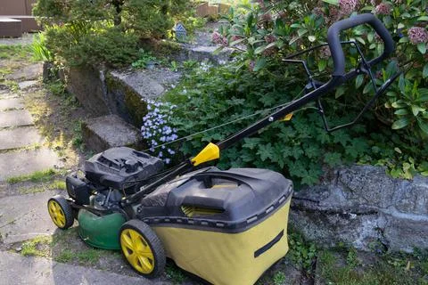 High angle view of lawnmower on stone path between spring flowers. Stock Photos