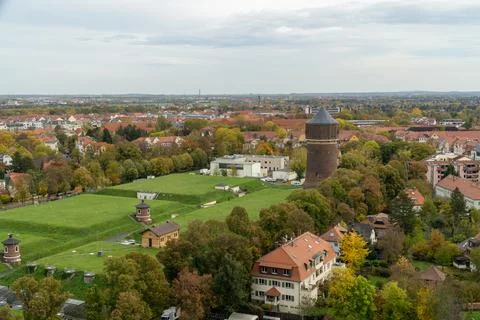 High angle view of Leipzig city in Germany. Panorama of the greenery during.. Stock Photos