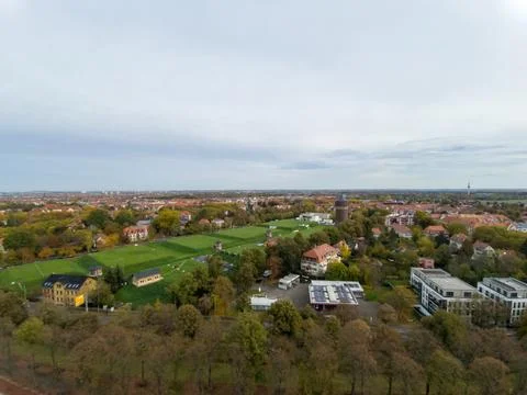 High angle view of Leipzig city in Germany. Panorama of the greenery during.. Foto stock