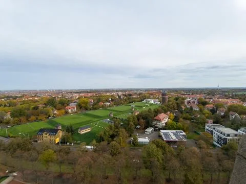 High angle view of Leipzig city in Germany. Panorama of the greenery during.. Stock Photos