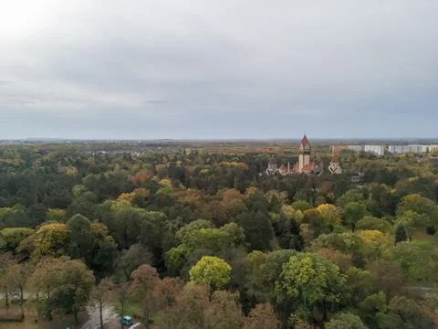 High angle view of Leipzig city in Germany. Panorama of the greenery during.. Stock Photos