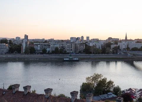 High-angle view looking across the Danube River toward the cityscape of Novi Sad Stock Photos