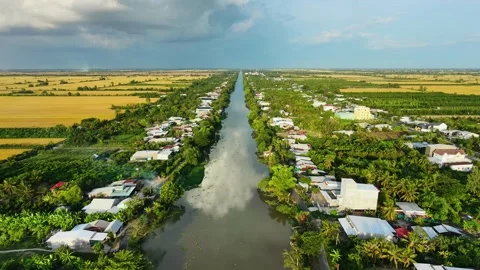 High angle view looking down at a straight silt river in the Mekong Delta Stock Footage 337697701