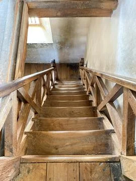 High angle view looking down old wooden stairs. Stock-Fotos