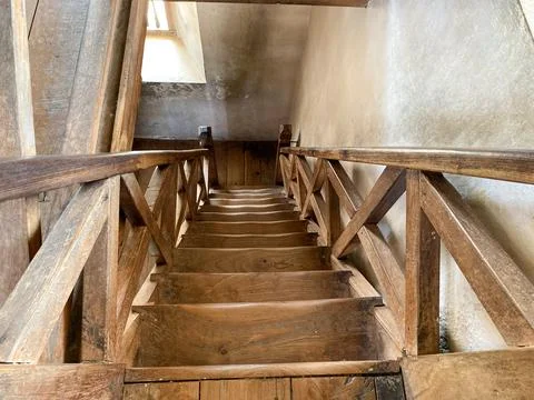 High angle view looking down old wooden stairs. Stock-Fotos
