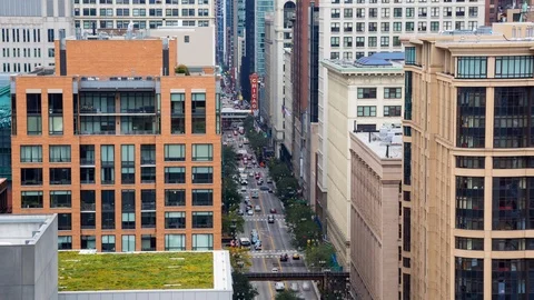 High Angle View Looking Up State Street in Downtown Chicago Video stock 90067117