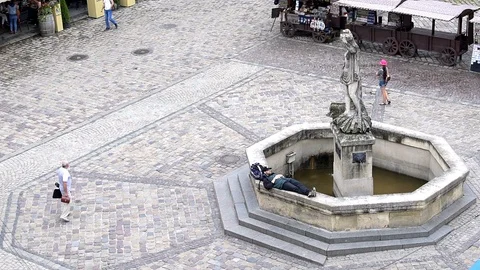 High angle view, Lviv, Ukraine water fountain music sound, people Stock Footage 97682707