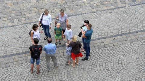 High angle view Lviv, Ukraine people family standing sound of music Stock Footage 97683112