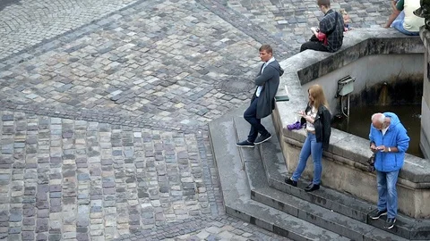 High angle view, Lviv, Ukraine water fountain sound, people Stock Footage 97683857