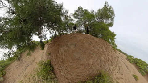 A high-angle view of a man and a woman walking together through an open sandy Stock Footage 293091944