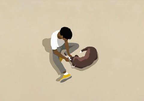 High angle view man petting brown dog laying on beige background Stock Illustration