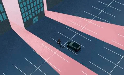 High angle view of man walking towards car at parking lot against building Ilustración de archivo