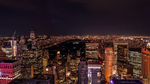 High angle view of Manhattan district in New york and Central Park at night Stock Footage 119142055