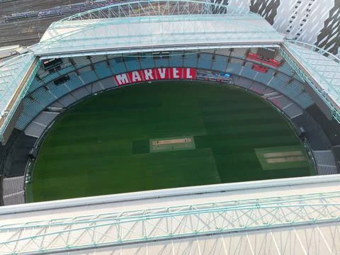 High-angle view of Marvel Stadium in Melbourne, featuring its expansive gre.. Stock Photos
