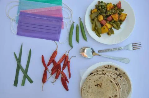 High angle view of matar paneer and shimla mirch recipe (Indian cuisine) Stock Photos