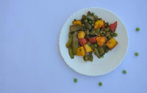 High angle view of matar paneer mix veg recipe (Indian food)  Stock Photos