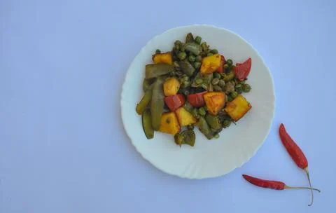 High angle view of matar paneer mix veg recipe (Indian food)  Stock Photos