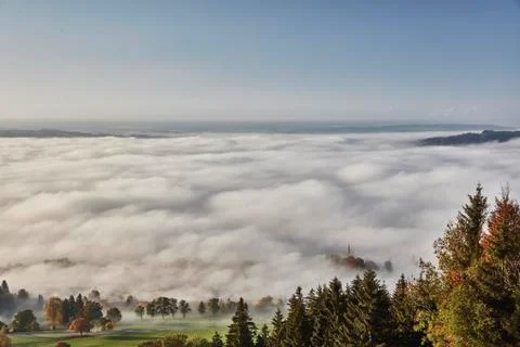 High angle view of mist lying in valley, Hoher Peissenberg, Bavaria, Germany Stock Photos
