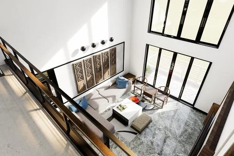 High Angle View of Modern Luxury Living Room with Asian Inspired Decor Stock Illustration