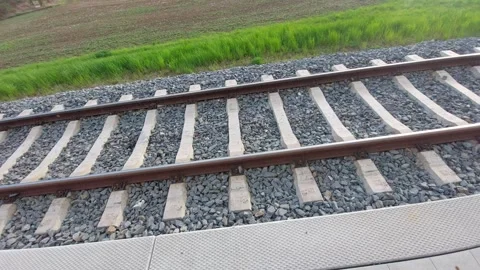 High Angle View of Modern Railway Tracks with Concrete Sleepers and Gravel Stock Footage 334177566