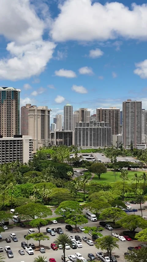 High angle view of modern skyscraper buildings and city park in Waikiki, Hawa Video stock 335795213