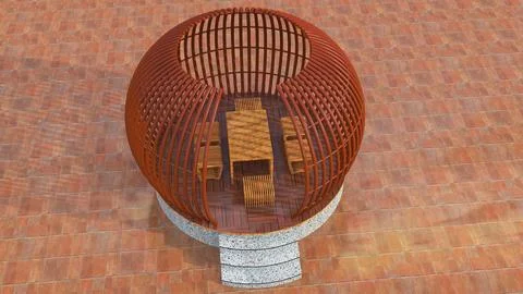 High Angle View of Modern Slatted Wood Outdoor Dining Pavilion Stock Illustration