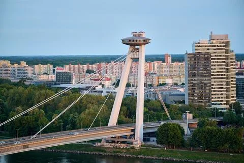 High angle view of Most SNP cable-stayed bridge and UFO tower stretching over Stock Photos