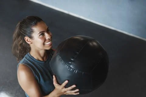 High angle view motivated satisfied sweaty hispanic sportswoman, fitness Stock Photos