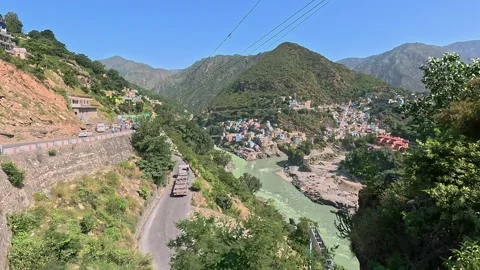High-angle view of mountain roads branching toward Srinagar and Pauri Garhw.. Stock Footage 337641922