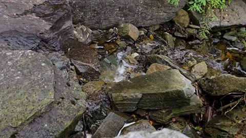 High angle view of mountain water flowing between grey river rocks Stock-Footage 345168195