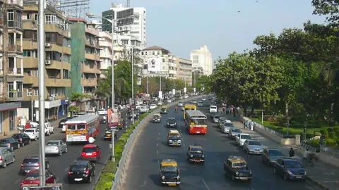 High angle View Moving road traffic, Marine Drive Mumbai city Maharashtra India Stock Footage 232211806