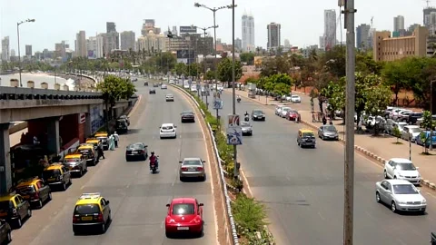 High angle View Moving road traffic, Marine Drive Mumbai city Maharashtra India Stock Footage 232211834