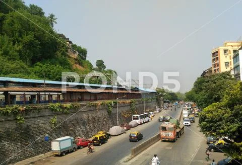 High angle View of moving Road street traffic, Mumbai city Maharashtra India Stock Photos